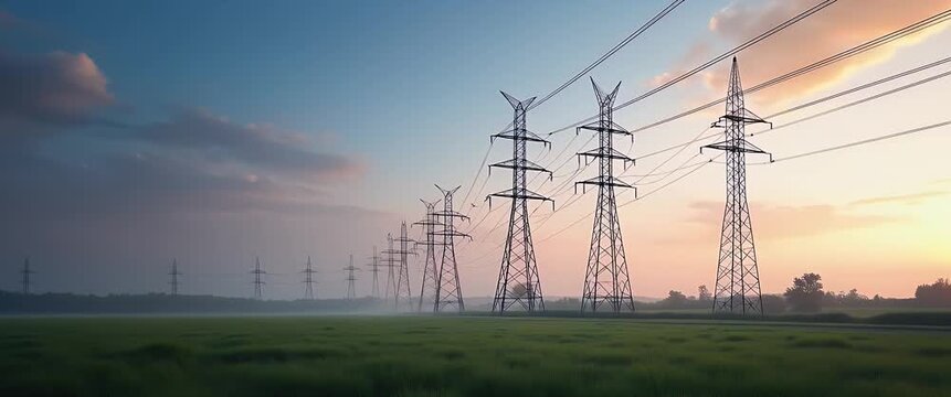 Majestic sunrise over serene landscape with towering power lines, gentle clouds drift, camera slowly pans across vast fields, cinematic style highlighting energy infrastructure and natural beauty.