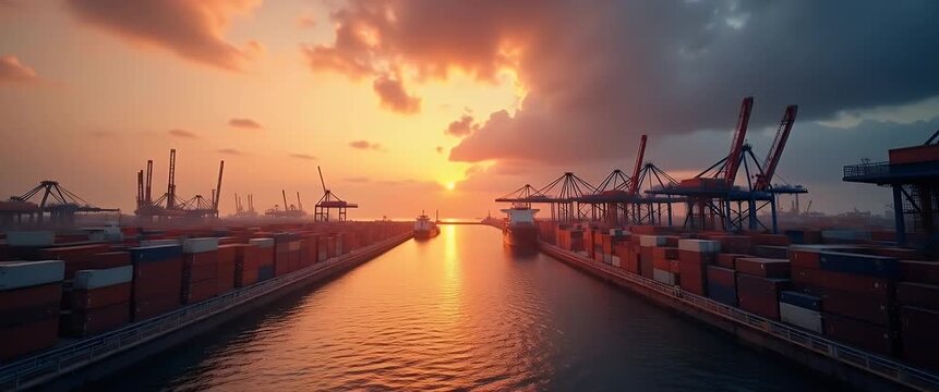 Container ship glides through a bustling harbor at sunset, cranes silhouetted against a vibrant sky in this cinematic scene; camera pans slowly, capturing gentle water ripples and ambient light.