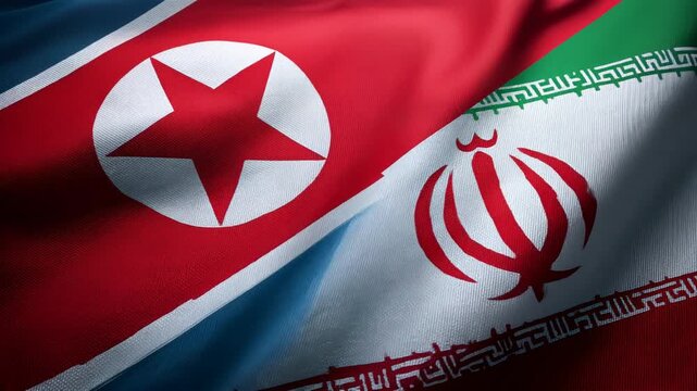 north korean and iranian flag waving together. relations between north korea and iran