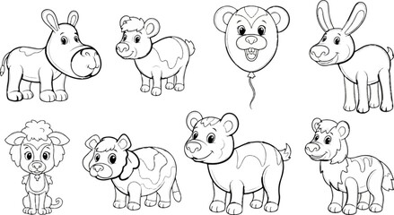 Obraz premium Eight cute cartoon animals, including a dog, bears, a donkey, a sheep and a hyena