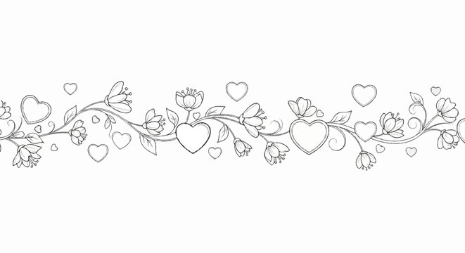 Delicate floral vine with heart shapes and blooming flowers in monochrome sketch