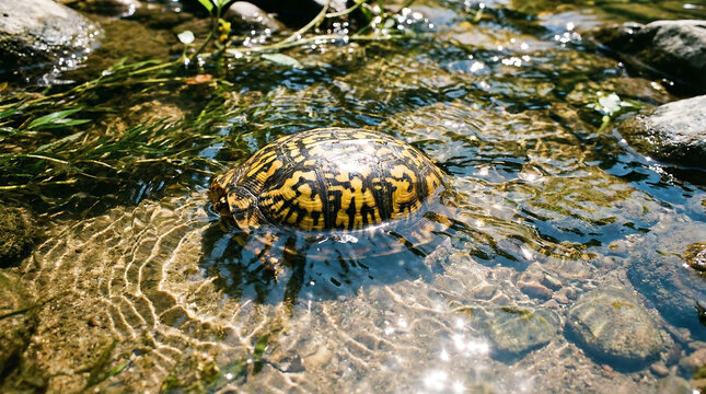 Eastern Box Turtle Shell Emerging from Shallow Stream Water with Rippling Reflections