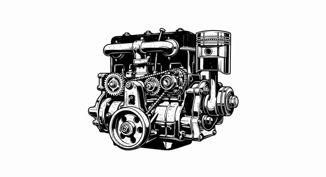 Detailed illustration of a complex internal combustion engine with gears and pistons