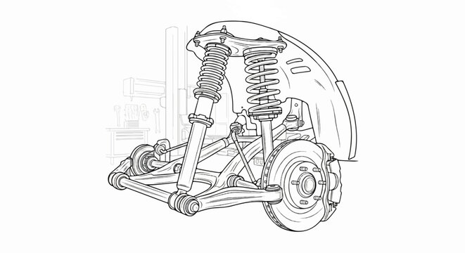 Detailed schematic drawing of a complex vehicle suspension system with tools