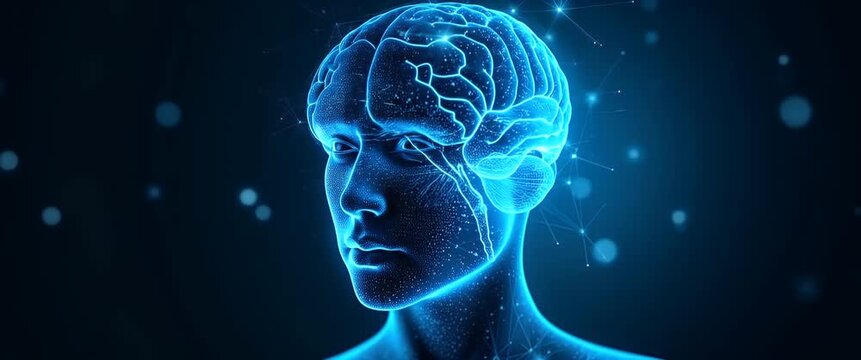 Futuristic brain scan animation revealing neural networks, with a slow camera pan and ambient particles gently drifting in a high-tech, cinematic style, perfect for AI and innovation themes.