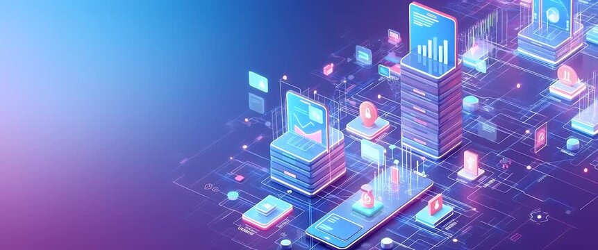Isometric digital devices and data charts animate with dynamic infographics, as the camera slowly pans across a futuristic, cinematic tech landscape with vibrant ambient lighting.