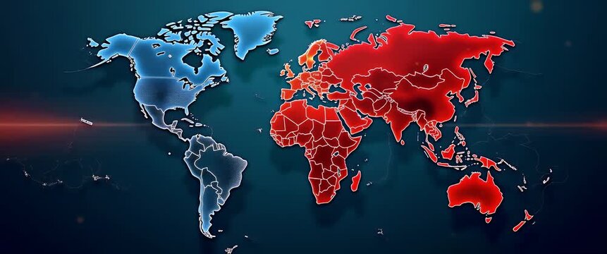 Dynamic world map illustrating global connections with glowing continents, gentle ambient lights flicker, and a slow pan camera motion in a cinematic style.