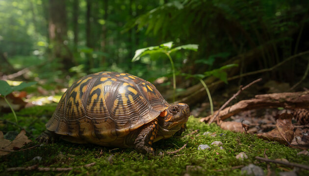 Eastern box turtle with intricately patterned dome shell exploring mossy forest floor