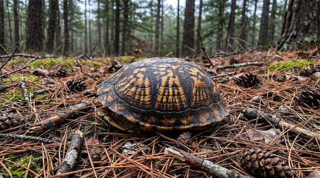 Eastern box turtle with intricately patterned shell resting on a forest floor surrounded by pine needles and branches