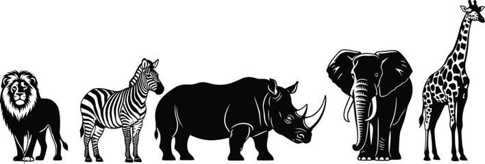 African wildlife vector silhouettes, lion, zebra, rhinoceros, elephant, giraffe, savanna animals, black design, iconic species collection, nature illustration, safari art © Hey there