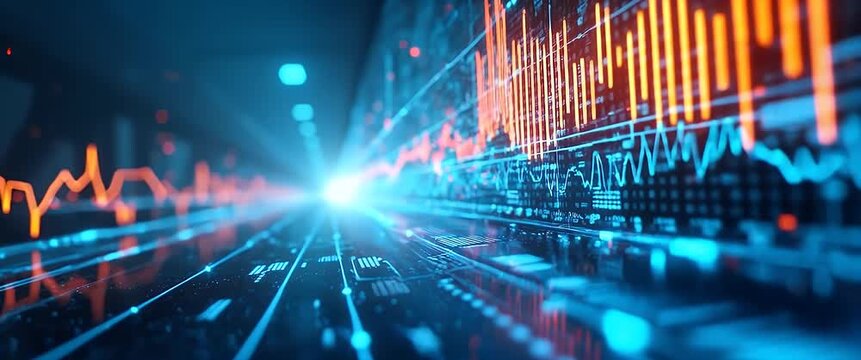 Futuristic data streams pulse with energy as the camera slowly pans through a high-tech corridor, creating a dynamic, cinematic view of digital innovation and analytics in motion.