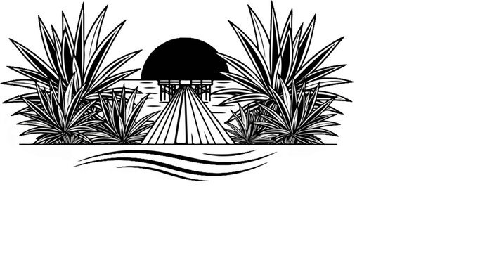 Stylized desert oasis scene with agave plants and arched structure