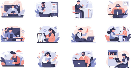 Fototapeta premium Diverse individuals engaged in digital activities, working, learning, and creating