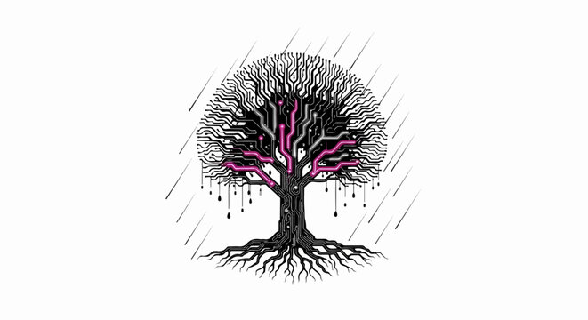 An artistic tree with circuit board patterns and pink glowing branches