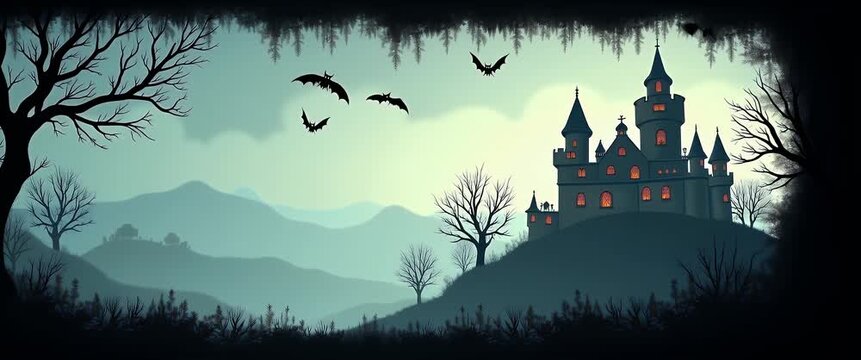 Majestic castle silhouetted against a twilight sky as bats flutter overhead, gentle mist swirls around, with a slow cinematic pan revealing the eerie, enchanting landscape.