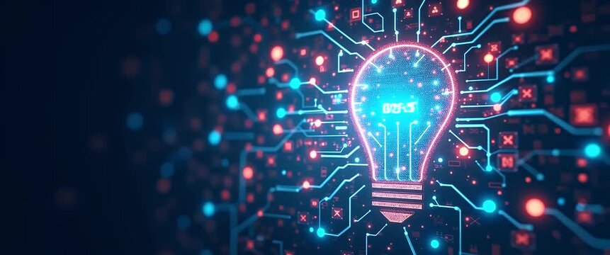 Futuristic digital circuit board with glowing light bulb concept, numbers subtly animate, camera gently pans across, and ambient lights softly flicker in this cinematic technology scene.