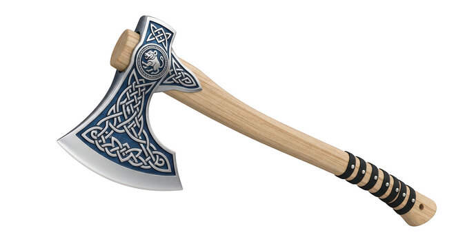 A large viking battle axe with wooden handle and metal designs isolated on transparent background