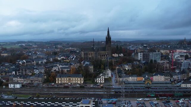 An panoramic aerial view of the old town city Arlon in Belgium on a cloudy afternoon in autumn.. 