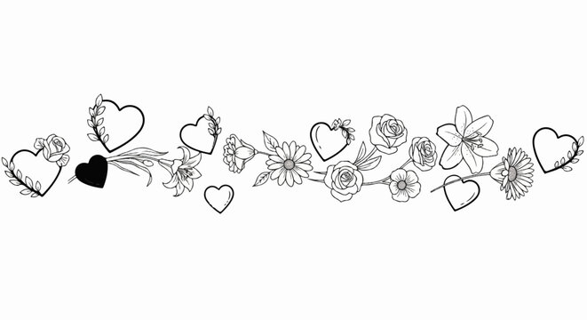 Decorative border of blooming flowers and heart outlines