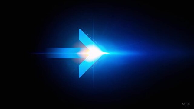 Abstract arrow symbol in blue with lens flare on black background