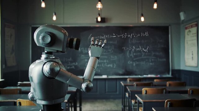 Robot standing in classroom with blackboard filled with math formulas, empty desks, vintage posters, and hanging lights in educational learning environment.