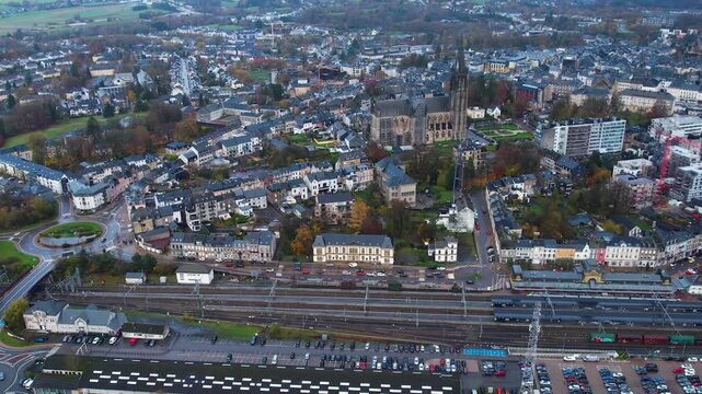 An panoramic aerial view of the old town city Arlon in Belgium on a cloudy afternoon in autumn.. 