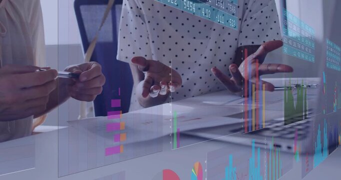 Two women opening report and analyzing business data, then summarizing as animated charts tracking
