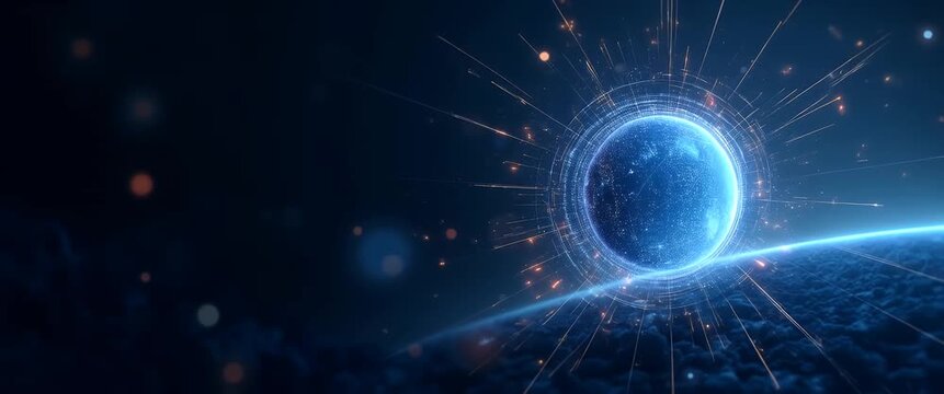 A cinematic digital sphere pulses with energy, surrounded by glowing particles, as the camera slowly pans, revealing a cosmic horizon; ambient lights flicker, creating a futuristic ambiance.