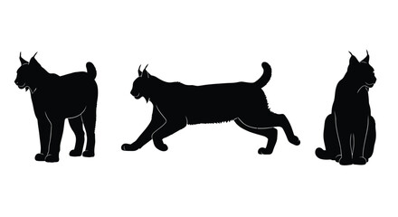 Three black silhouettes of lynx cats in various poses © Mithon