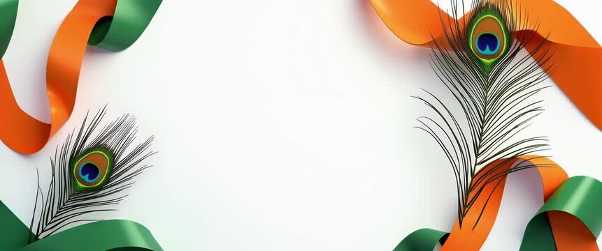 Peacock feathers gently sway amidst vibrant orange and green ribbons in a minimalist design, as the camera slowly pans across the elegant composition, creating a serene, cinematic ambiance.