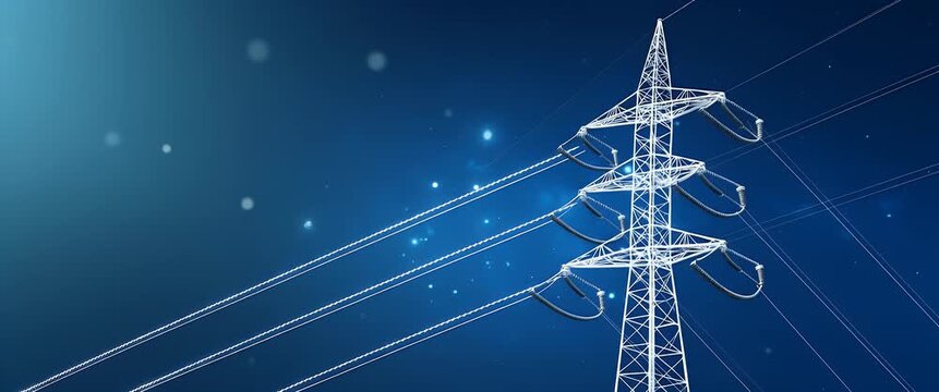 Majestic power lines tower under a starry sky, gently illuminated as the camera pans slowly, capturing the serene atmosphere with a cinematic touch, ideal for energy and technology themes.