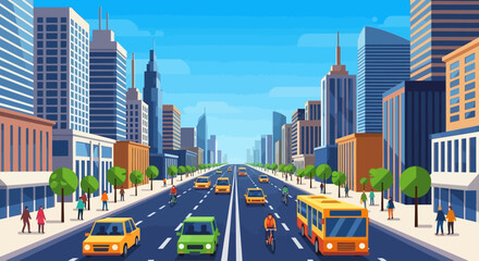 Obraz premium Vibrant Cityscape with Busy Street, Cars, Bus, and Pedestrians