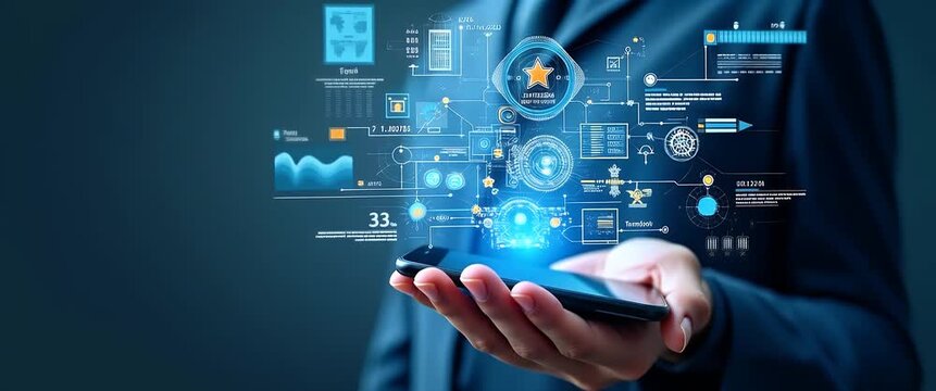 Businessman holds smartphone with digital interface animations, camera slowly pans, futuristic elements gently pulse, cinematic style for technology innovation and digital transformation.