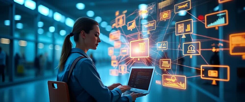 In a high-tech office, a woman types on a laptop as digital data flows around her; the camera pans slowly, capturing the futuristic ambiance and dynamic workplace innovation.