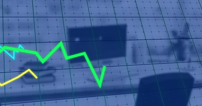 Data arriving finance chart over translucent dot grid green peaking blue falling yellow dipping