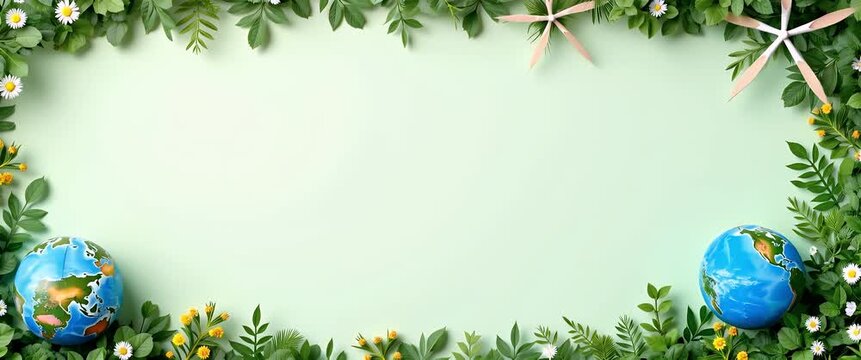 Two rotating globes amidst vibrant green foliage and flowers, with a gentle breeze causing leaves to sway; camera pans slowly for an eco-friendly, cinematic nature scene.