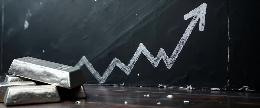 Silver bullion bars glisten under flickering light as the camera slowly pans over a chalkboard with a rising arrow, highlighting investment growth in a cinematic, financial setting.