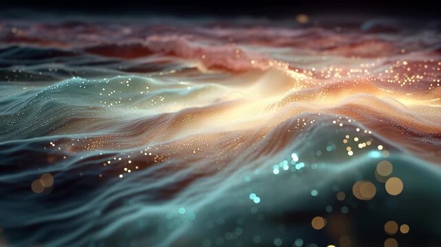 Ethereal fluid motion of shimmering energy waves and bokeh light effects in a dark space, perfect for backgrounds involving artificial intelligence, quantum computing, or deep sea bioluminescence.