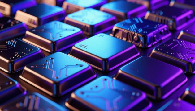 Close-up of glowing blue illuminated computer keyboard keys in futuristic tech setup with neon lighting