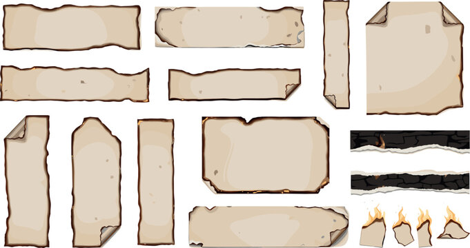 Burnt and torn parchment paper collection with vintage scorched edges ripped strips and old grunge paper texture vector set