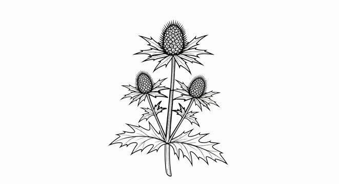 Line art illustration of a flowering plant with spiky leaves and flower heads