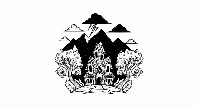 Spooky mansion under a stormy, lightning-filled mountain sky