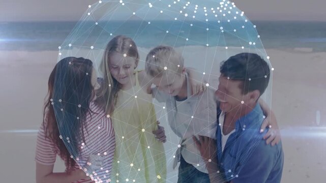 Family shifting into hug on beach, son showing shell, rotating node globe over group for marketing