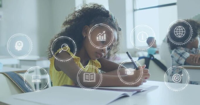 Girl writing in classroom, pencil-triggered educational icons spreading over workbook for learning