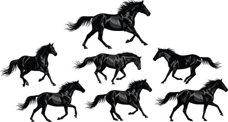 Horse running silhouette vector illustration, galloping poses, black design, dynamic motion, animal posture collection, equine art, flowing mane, muscular body movement © Hey there