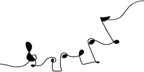 Abstract illustration of music notes on a black background featuring isolated black and white headphones hanging from a sleek fashion hook object