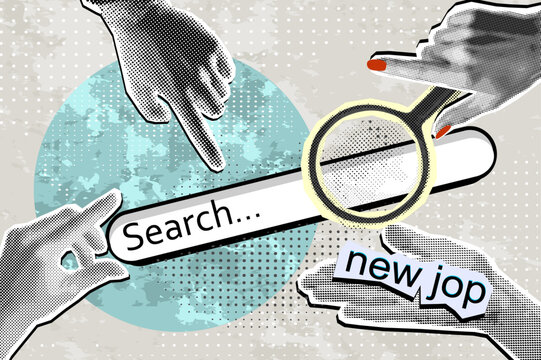 Trendy halftone collage with a hand that holds a magnifying glass. hands pointing on searching new jop. New Job searching concept.
