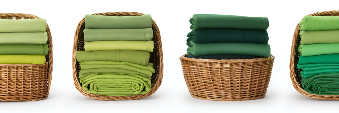 Four wicker baskets filled with folded green towels folded towels