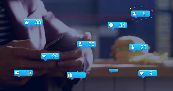 Man holding phone, blue chat bubble popping and spawning alert bubbles, counts rising for marketing
