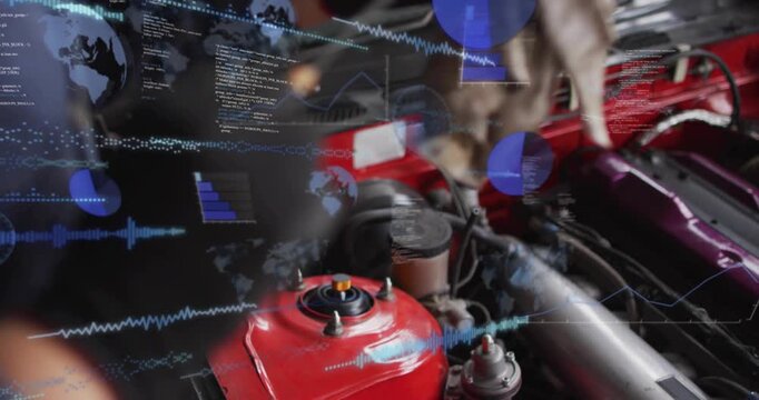 Female mechanic reaching into auto engine bay, cleaning and tuning strut, blue data overlay fading
